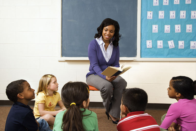 Teacher reading a book to young children.